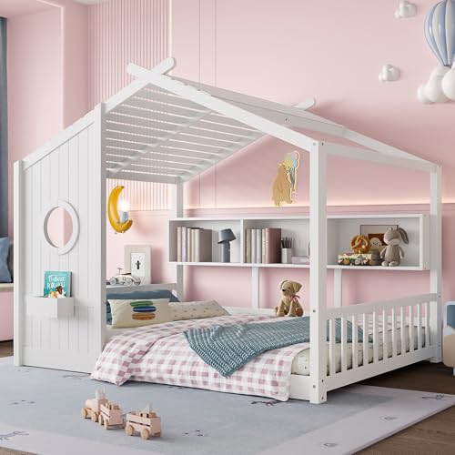House Bed for Kids,Kids Bed Frame with Storage Shelves,Wood House Bed Frame for Girls,Boys,Can be Decorated