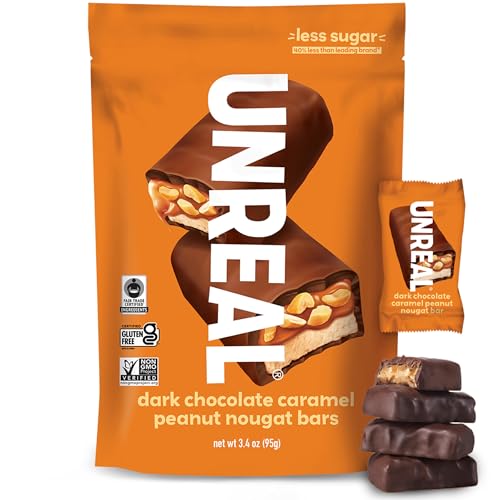 UNREAL Dark Chocolate Peanut Caramel Nougat Bars (30 Mini Bars) | 70% Organic Ingredients, Fair Trade, Non-GMO | No Corn Syrup, Sugar Alcohols, Soy | .67oz each