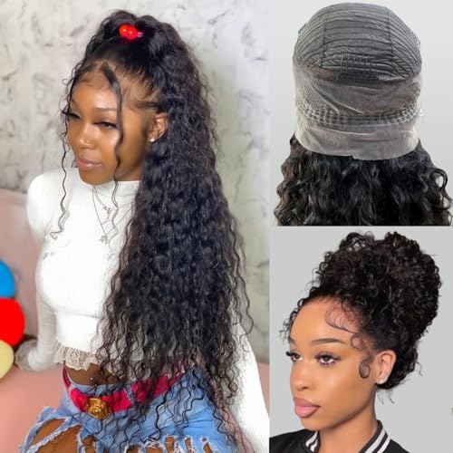 ADESORAES Lace Frontal Wigs 360 Drawstring Wig Human Hair 24 Inch Pre Plucked Hidden Strap 360 Lace Front Wigs Human hair Water Wave 180% Density Curly Wet and Wavy HD 360 Human Hair Wig Full Lace