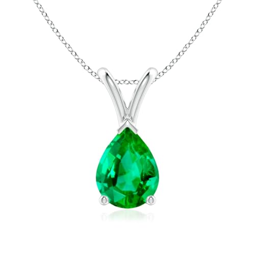 Angara Natural Emerald Solitaire Pendant for Women | V-Bale Pear-Shaped Emerald Solitaire Pendant in Platinum | May Birthday, Anniversary, Gemstone Jewelry Gift | AAA | 9x7mm