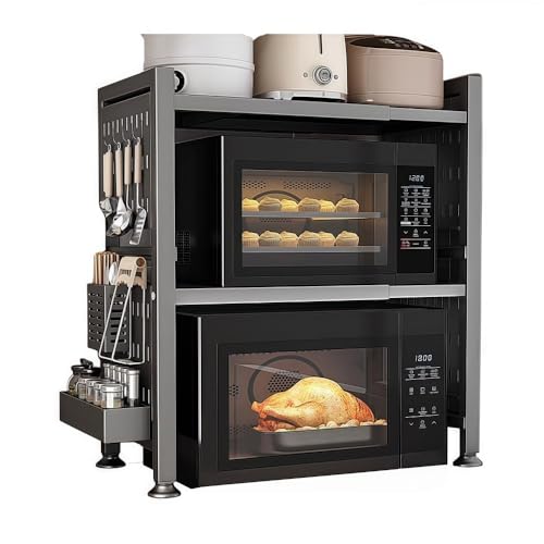 TPTBON Expandable Microwave Oven Rack, Stretchable Kitchen Storage Organizer with Hooks and Side Holders for Small Appliances(L:31.7")