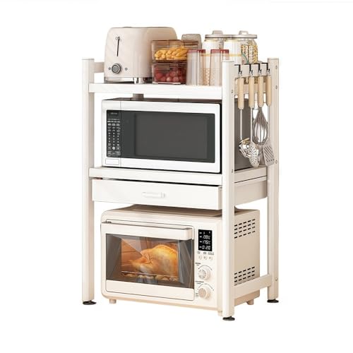 TPTBON Metal Kitchen Counter Shelf with Storage Drawer, Microwave Rack Organizer for Small Appliances, Space-Saving Stand(Large)