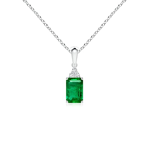 Angara Natural Emerald Solitaire Pendant for Women | Emerald Pendant with Diamond Trio in Platinum | May Birthday, Anniversary, Gemstone Jewelry Gift | AAA | 8x6mm