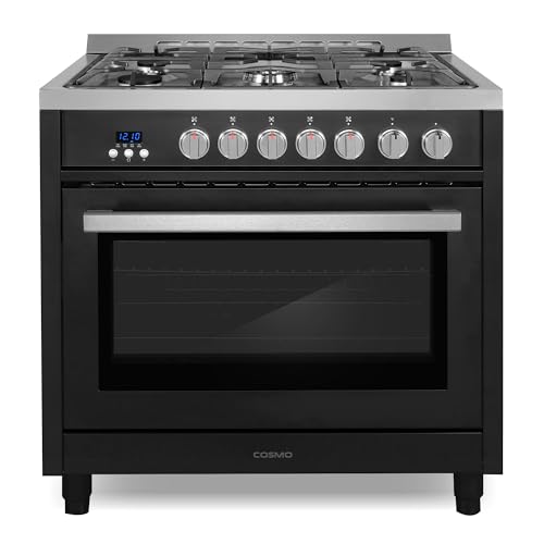 COSMO COS-965AGFC-BKS 36 in. Nebula Collection 3.8 cu. ft. Gas Range, 5 Burners, Rapid Convection Oven, Cast Iron Grates in Matte Black