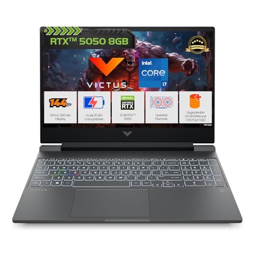HP Smartchoice Victus, 13th Gen Intel Core i7-13620H, 8GB RTX 5050, 24GB DDR5(Upgradeable) 1TB SSD, 144Hz, FHD, 15.6''/39.6cm, Win11, M365* Office24, Mica Silver, 2.29kg, fa2309TX, RGB Gaming Laptop