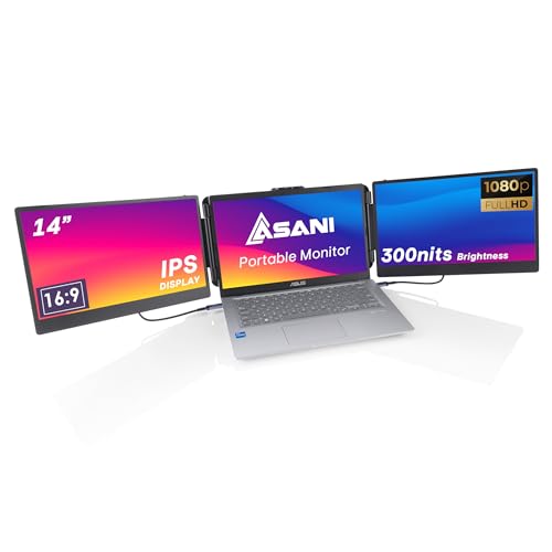 Asani Portable Monitor - Full HD Screen Extender for Laptops, USB Type-C, HDMI, Plug and Play, Compatible with 13"-17" Laptops, 1080P IPS Panel Display, 300nits MacOS/Windows