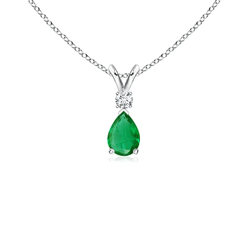 Angara 2.35 ct Emerald Teardrop V-Bale Necklace with Diamond in Platinum | Natural Prong-Set Emerald Pendant for Women | July Birthday Gemstone Jewelry Gift | 6x4mm