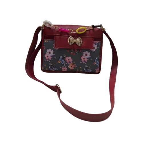 Ladies Floral Print Crossbody Handbag, Burgundy with Bow Detail, Adjustable Shoulder Strap