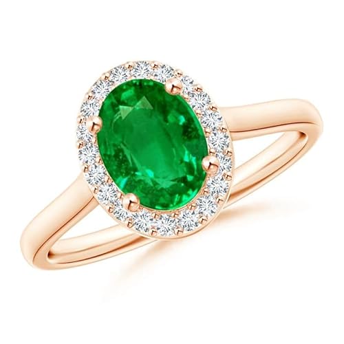 Angara Natural Emerald Engagement Ring for Women | 1.1 ct Oval Shape Emerald Diamond Halo Ring in Rose Gold | May Birthday, Gemstone Jewelry Gift | AAAA | 8x6mm | Ring Size- 11