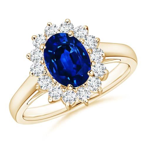 ANGARA Natural Blue Sapphire Ring for Women | 1.55 ct Oval Shape Blue Sapphire Diamond Halo Ring in Yellow Gold | September Birthday, Anniversary, Gemstone Jewelry Gift | AAAA | 8x6mm | Ring Size- 6.5