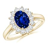 ANGARA Natural Blue Sapphire Ring for Women | 1.55 ct Oval Shape Blue Sapphire Diamond Halo Ring in Yellow Gold | September Birthday, Anniversary, Gemstone Jewelry Gift | AAAA | 8x6mm | Ring Size- 6.5