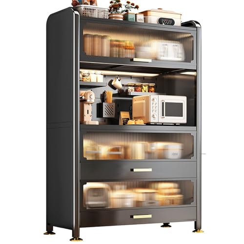 Wall Mounted Storage Pegboard & Microwave Stand, 4/5-Tier Kitchen Baker's Rack with Flip Dual Door Cabinet, Metal Shelves & Accessories for Organized Cooking Space
