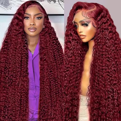 Abhayy 99j Burgundy 13x6 Deep Wave Lace Front Wigs Human Hair 30 inch HD Transparent Lace Front Wigs Human Hair for Women 200% Density Pre Plucked Wet And Wavy Red Colored Deep Curly Lace Frontal Wig