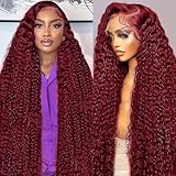 Abhayy 99j Burgundy 13x6 Deep Wave Lace Front Wigs Human Hair 30 inch HD Transparent Lace Front Wigs Human Hair for Women 200% Density Pre Plucked Wet And Wavy Red Colored Deep Curly Lace Frontal Wig
