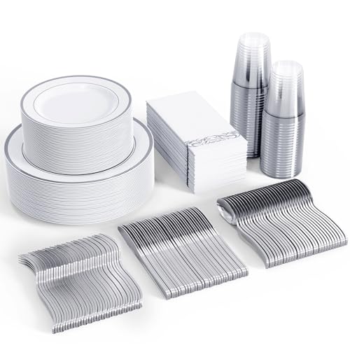 FOCUSLINE 350 Count Disposable Dinnerware Set for 50 Guests - Disposable Plastic Plates, Includes 50 Dinner & Salad Plates, Cups, Cutlery Set for Wedding Parties