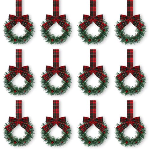 Retrowavy 12 Pcs Christmas Kitchen Cabinet Wreaths with Ribbon 3.94 Inch Mini Christmas Wreath Small Kitchen Xmas Decor for Window Door(Snowflake Plaid,Stylish Style)