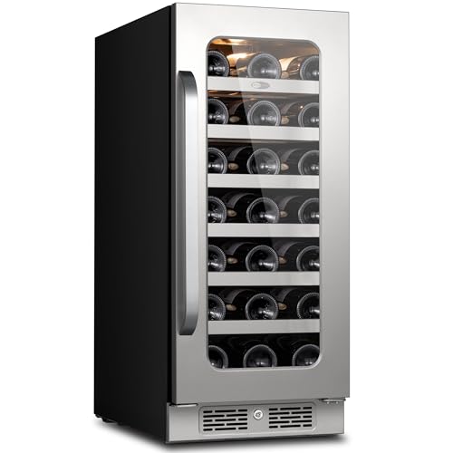 15 inch Wine Fridge Cooler 33 Bottles Wine Refrigerator Under Counter with Glass Door 3 LED Built-in or Freestanding Fridge Adjustable Shelves for Home Bar Kitchen 3.0 cu.ft