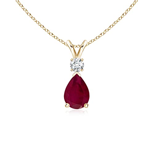 Angara 2.85 ct Ruby Teardrop V-Bale Necklace with Diamond in 14K Yellow Gold | Natural Prong-Set Ruby Pendant for Women | July Birthday Gemstone Jewelry Gift | 6x4mm
