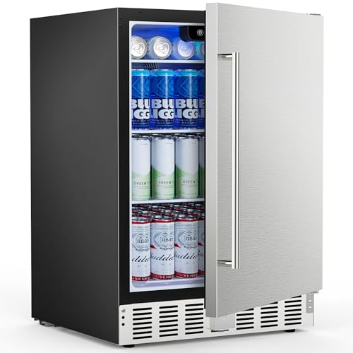 24 Inch Under Counter Beverage Refrigerator, Built-in and Freestanding Compact Beverage Fridge Cooler 180 Cans with Stainless Steel Seamless Door, Powerful Cooling Compressor for Patio Kitchen