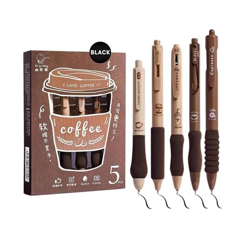 FINEMOE Set of 5 Coffee Theme Gel Pens for Writing, 0.5mm Black Ink Aesthetic Pen with Soft Grip, Cute Kawaii Stationery for Girls & Boys, School Office Use, Return Gift for Kids (Black)