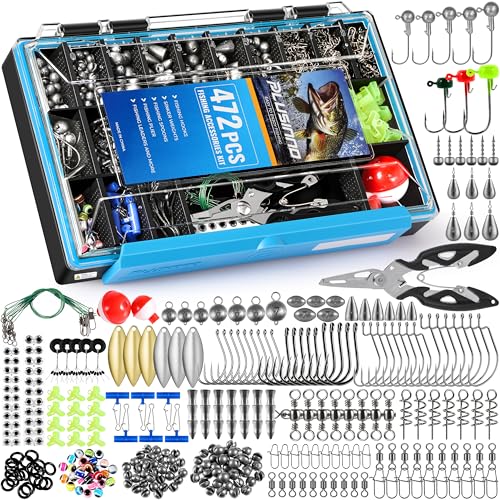PLUSINNO 449/472PCS Fishing Gear Accessories Kit, Fishing Tackle Box with Tackle Included, Fishing Hooks, Fishing Weights Sinkers, Jig Heads, Fishing Tackle Set Equipment for Bass Trout, Gifts for men