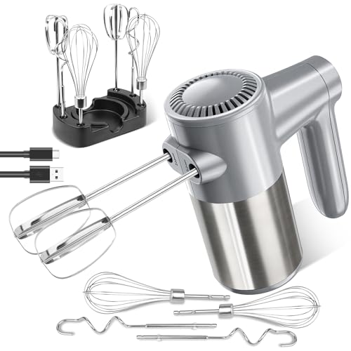 Cordless Hand Mixer, Digital Display 7 Speed Rechargeable Electric Mixer Handheld with 6 Stainless Steel Attachments Whisks Beaters Dough Hooks & Storage Base
