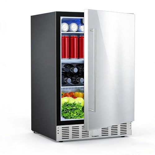 Electactic 24 Inch Beverage Refrigerator, Under Counter Freestanding Beverage Cooler 180 Can, Outdoor Fridge with Stainless Steel Door, Outdoor Refrigerator for Patio, Home, Kitchen, Bar (Silver)