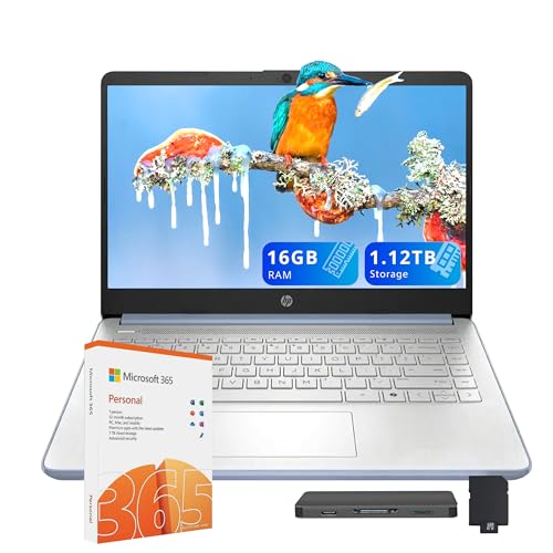 HP Stream 14" HD Laptop, Intel Processor N150, 16GB RAM, 1.12TB Storage(128GB UFS+1TB Docking Station Set), Intel Graphics, Webcam, Wi-Fi 6, 1 Year Office 365, Copilot, Fast Charge, Win 11, Blue