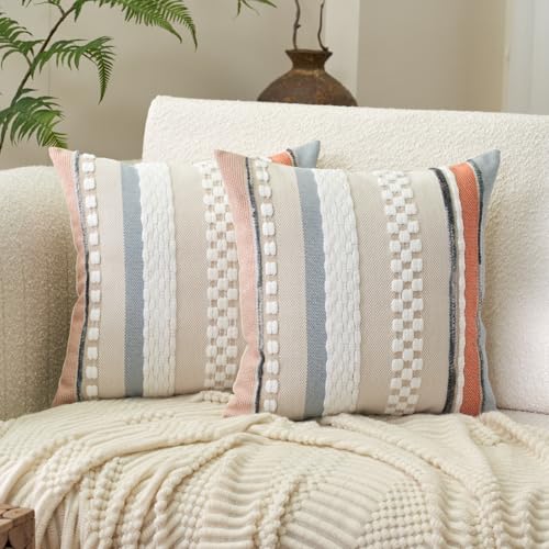 Aeckself Set of 2 Boho Striped Pillow Cover Decorative Throw Pillow Cover Chenille Neutral Pillowcase for Couch Bedroom Living Room