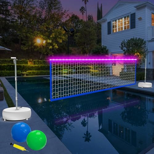 Alpcouts Pool Volleyball Net Set with Lights, Solar Powered Portable Outdoor LED Volleyball Net for Pool with 2 Glowing Balls,Pump and Weighted Bases, Adjustable Length 15ft-32ft for Inground Pool.