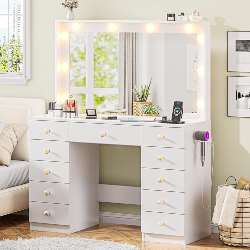 DINGIPP 43.3" Vanity with Large Mirror and 10 LED Lights, Vanity Desk with Glasstop, 11 Drawers with Crystal Handles, Dressing Table with Power Outlet as Gift for Women, Girls