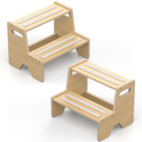 Uiirvdy Step Stool for Toddler, Sturdy Wooden 2-Step Stool with Anti-Slip Surface and Pads for Barthroom, Kitchen, Bedroom, Toilet, and Potty Training