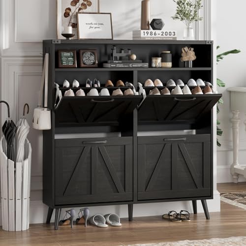 Halitaa Shoe Cabinet with 2 Flip Drawers & Open Storage,Farmhouse Shoe Storage Cabinet for Entryway,Freestanding Narrow Organizer Rack with Legs,Foyer,Hallway