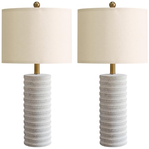 PoKat Small Modern Ceramic Table Lamps Set of 2 for Bedroom, White Bedside Lamps for Night Stands, Farmhouse Decor Nightstand Table Lamps for Living Room End Table Beige and White