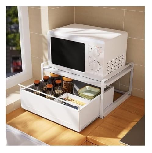 PPXCZZ Microwave Countertop Rack with Drawer Storage, Compact Metal Shelf for Kitchen Organization, Seasoning and Small Appliances Stand – White, Small Size (50x40x25cm)(50 * 40 * 25cm)