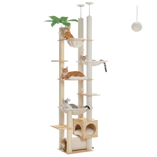 PETEPELA Cat Tower 5-Tier Floor to Ceiling Cat Tree Height(95-107 Inches) Adjustable, Tall Climbing Tree Featuring with Scratching Post, Cozy Bed,Interactive Ball Toy for Indoor Cats