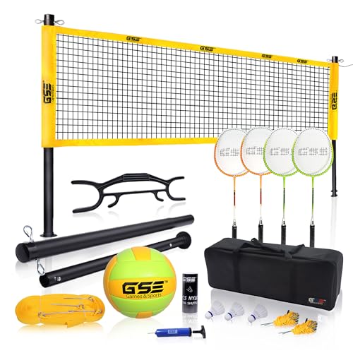 GSE Games & Sports Expert Outdoor Yard Sports Net Game Set for Backyards, Parks, Beach, Lawn. Volleyball Set, Badminton Set OR Volleyball & Badminton Combo Set Available