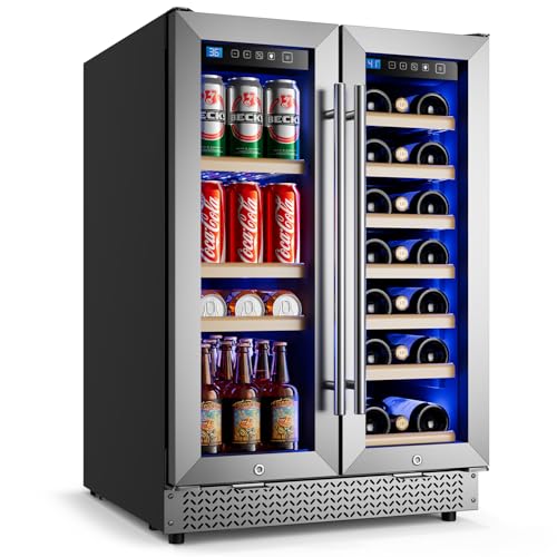 Wine and Beverage Refrigerator 24'', Dual Zone Wine Fridge Built in or Freestanding, Beverage Cooler with Glass Door holds 21 Bottles and 88 Cans, Upgrade Cooling Low Noise for Kitchen, Bar, Office