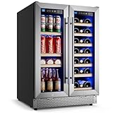 Wine and Beverage Refrigerator 24'', Dual Zone Wine Fridge Built in or Freestanding, Beverage Cooler with Glass Door holds 21 Bottles and 88 Cans, Upgrade Cooling Low Noise for Kitchen, Bar, Office