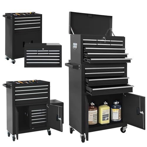 TOKUWA 13-Drawer Double Doors Handle Rolling Tool Chest, 2 in 1 Detachable Rolling Tool Chests, Large Tool Boxes with Lock, Metal Standing Tool Cabinet for Garage Workshop(Black)