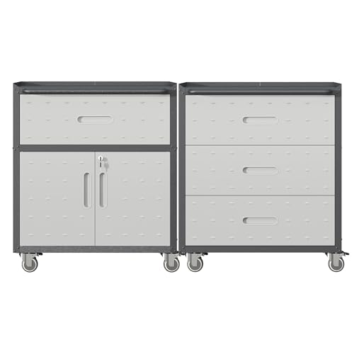 VIYET 2-Pack Rolling Garage Tool Cabinet,Heavy Duty Steel Rolling Tool Chest with Lockable Doors & Adjustable Shelves,Mobile Workshop Storage Cart for Garage Organization,Black/Grey