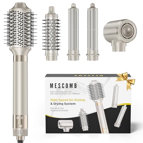 MESCOMB 5-in-1 Hot Air Styler Kit – 110,000 RPM Fast-Drying Dryer, Auto-Wrap Curlers, Straightening & Volumizing Brushes All-in-One (Champagne White)