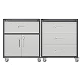 VIYET Metal Tool Cabinet Garage Storage Cabinet System Wall Cabinet & Locking Rolling Tool Cabinet with Door and Adjustable Shelves Steel Tool Cabinet for Home and Office (2PCS-Style E, Black & Gray)