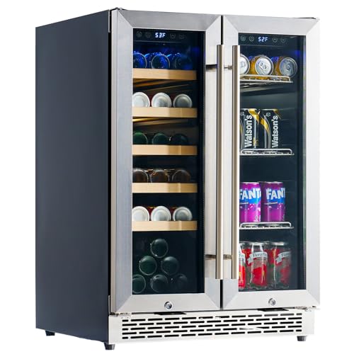Albott Beverage Refrigerator - 24-Inch Dual Zone Cooler with Glass Door, Freestanding/Under Counter Wine and Beer Fridge, Holds 20 Bottles & 78 Cans, Ideal for Kitchen, Bar, Office, 34-64℉ & 41-68℉