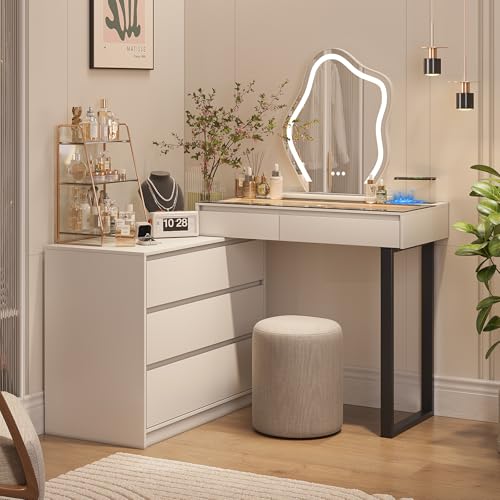 MIIFUNY Corner Makeup Vanity Desk with Mirror and Lights, 58" Modern Vanity Table with Glass Top
