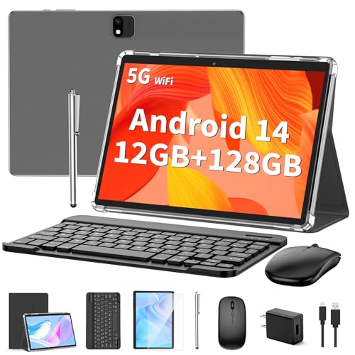 QDDQ Android Tablet with Keyboard, Android 14 Tablet, 12(6+6) GB+128GB, 1TB Expand, 2 in 1, Mouse, Stylus, 8000mAh Battery, 2.4G/5G WiFi, GPS