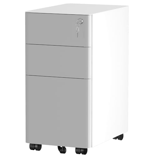 YITAHOME 3 Drawer File Cabinet, Mobile Filing Cabinet for Home Office, Metal Slim File Cabinet Drawers with Lock, Pre-Built Office Storage Cabinet for A4/Letter/Legal (White)