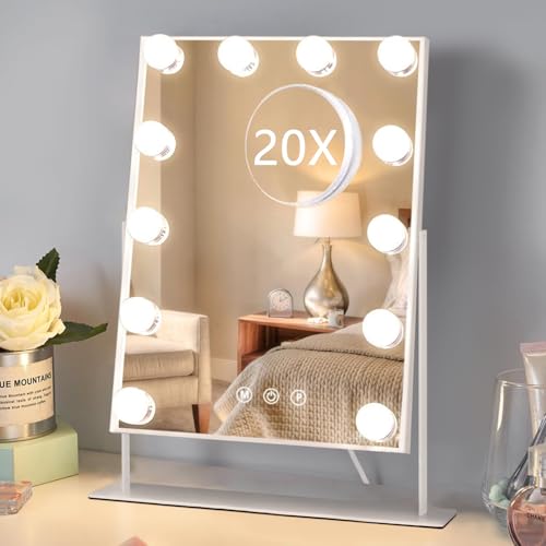 HIEEY Hollywood Vanity Mirror with 12 Dimmable Bulbs Lights, Three Color Lighting Modes, and 5X Magnification, Smart Touch Control, 360°Rotation (White,Gift Box)