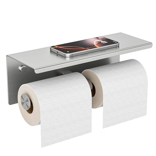 FORIOUS Double Toilet Paper Holder with Shelf, Wall Mount Tissue Roll Holder for Bathroom, 304 Stainless Steel Commercial Toilet Tissue Dispensers with Phone Shelf