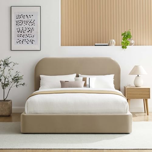 Modway Keynote Modern Bed Frame with Curve Shaped Headboard in Alabaster, Upholstered in Performance Velvet, Platform Bedain-Resistant Velvet Bed, Soft Cloud Bed Frame